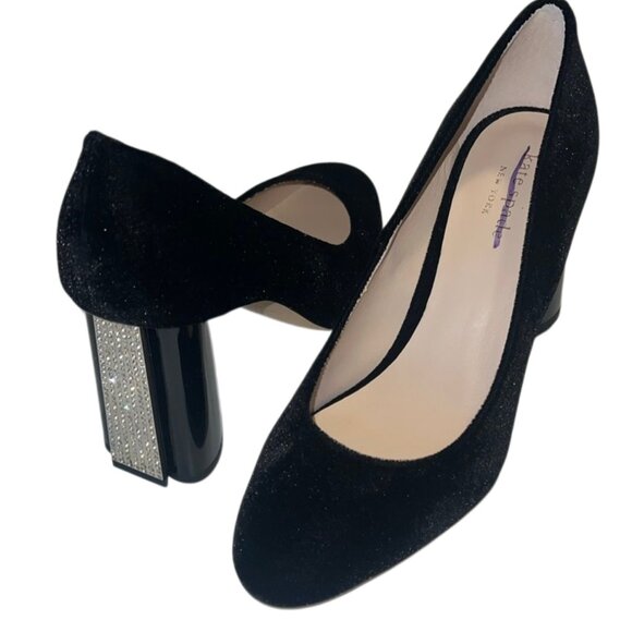 Kate Spade Sybil Black Velvet Rhinestone Block Heels Pumps Size 7 NIB - Picture 1 of 11